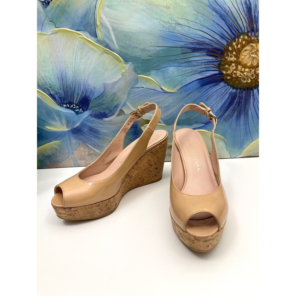 Stuart Weitzman Nude Patent Leather Cork Platform Wedge Peep Toe Sandals Size 6 - Picture 4 of 9